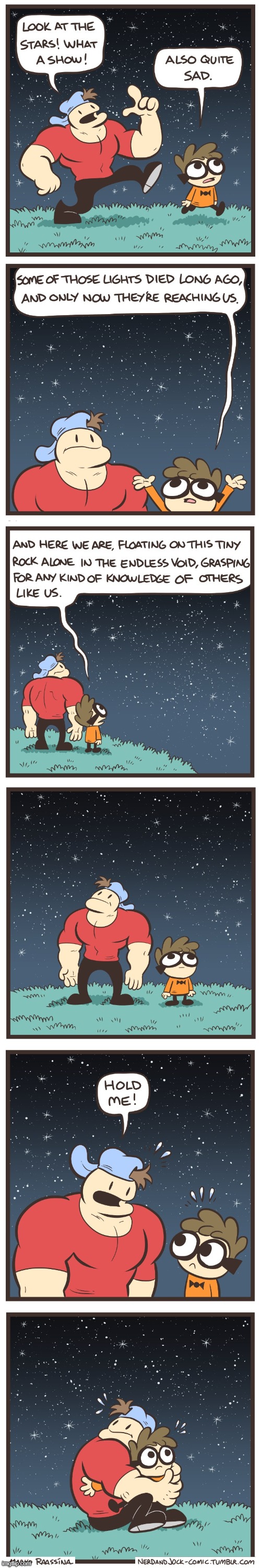 image tagged in nerd,jock,stars,stargazing,scared,scary | made w/ Imgflip meme maker