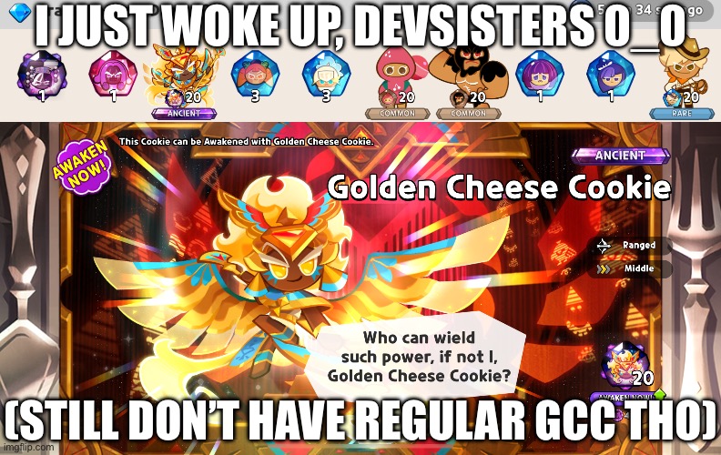 How did I pull this?! And on my first gacha of the day! | I JUST WOKE UP, DEVSISTERS 0_0; (STILL DON’T HAVE REGULAR GCC THO) | made w/ Imgflip meme maker