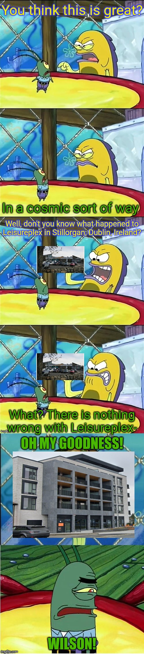 Oh my goodness! | You think this is great? In a cosmic sort of way; Well, don't you know what happened to Leisureplex in Stillorgan, Dublin, Ireland? What? There is nothing wrong with Leisureplex-; OH MY GOODNESS! WILSON! | image tagged in oh my goodness,leisureplex,dublin,ireland,flat | made w/ Imgflip meme maker