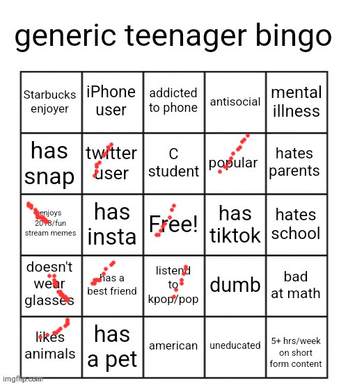 generic teenager bingo | image tagged in generic teenager bingo | made w/ Imgflip meme maker