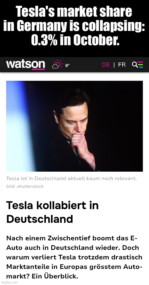 Europe‘s biggest car market | Tesla's market share 
in Germany is collapsing: 
0.3% in October. | image tagged in tesla,musk,industry | made w/ Imgflip meme maker