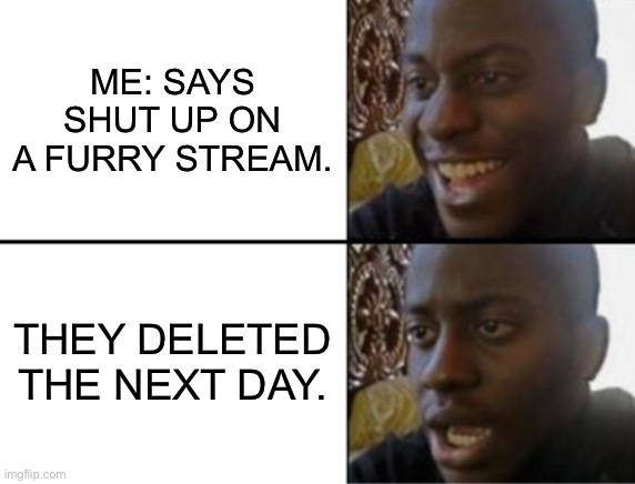 I didn’t do anything wrong. | ME: SAYS SHUT UP ON A FURRY STREAM. THEY DELETED THE NEXT DAY. | image tagged in oh yeah oh no | made w/ Imgflip meme maker