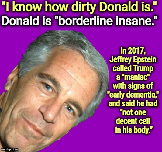 Ask the man who knows. | "I know how dirty Donald is."; Donald is "borderline insane."; In 2017, 
Jeffrey Epstein 

called Trump 
a "maniac" 
with signs of 
"early dementia," 
and said he had 
"not one 
decent cell 
in his body.” | image tagged in epstein,trump,dirty,insane,maniac,dementia | made w/ Imgflip meme maker