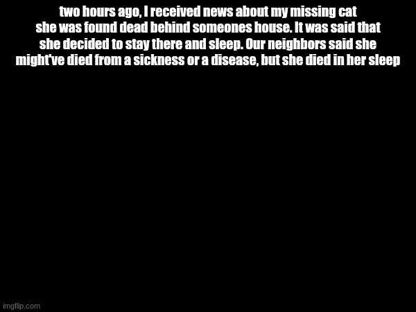 Snickers died at 12 years old. March of 2013 to November 13th of 2025 | two hours ago, I received news about my missing cat
she was found dead behind someones house. It was said that she decided to stay there and sleep. Our neighbors said she might've died from a sickness or a disease, but she died in her sleep | made w/ Imgflip meme maker