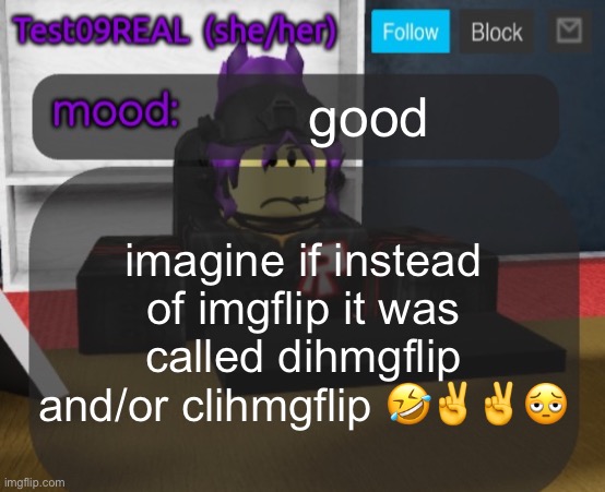 Test09 Jane Doe temp v2 | good; imagine if instead of imgflip it was called dihmgflip and/or clihmgflip 🤣✌️✌️🫩 | image tagged in test09 jane doe temp v2 | made w/ Imgflip meme maker