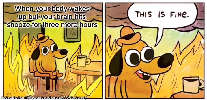 This Is Fine | When your body wakes up but your brain hits snooze for three more hours | image tagged in memes,this is fine | made w/ Imgflip meme maker