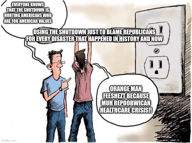 The shutdown was an attack on us just to force globalist agendas! | EVERYONE KNOWS THAT THE SHUTDOWN IS HURTING AMERICANS WHO ARE FOR AMERICAN VALUES; USING THE SHUTDOWN JUST TO BLAME REPUBLICANS FOR EVERY DISASTER THAT HAPPENED IN HISTORY AND NOW; ORANGE MAN FEESHEZT BECAUSE MUH REPOOBWICAN HEALTHCARE CRISIS!! | image tagged in sticking fork in electric outlet | made w/ Imgflip meme maker