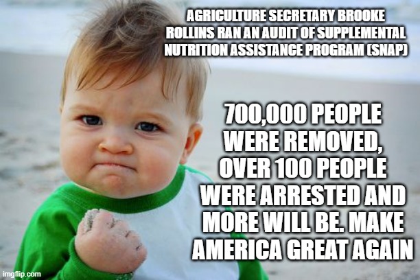 Accountability and the best use of resources, well done. | AGRICULTURE SECRETARY BROOKE ROLLINS RAN AN AUDIT OF SUPPLEMENTAL NUTRITION ASSISTANCE PROGRAM (SNAP); 700,000 PEOPLE WERE REMOVED, OVER 100 PEOPLE WERE ARRESTED AND MORE WILL BE. MAKE AMERICA GREAT AGAIN | image tagged in memes,success kid original,supplemental nutrition assistance program,democrat fraud,maga,democrat war on america | made w/ Imgflip meme maker