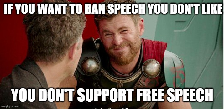 Thor is he though | IF YOU WANT TO BAN SPEECH YOU DON'T LIKE YOU DON'T SUPPORT FREE SPEECH | image tagged in thor is he though | made w/ Imgflip meme maker