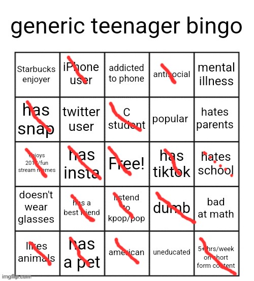 generic teenager bingo | image tagged in generic teenager bingo | made w/ Imgflip meme maker