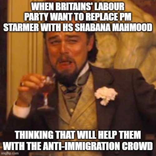 Why did so many stupid Britains elect so many stupid leaders? | WHEN BRITAINS' LABOUR PARTY WANT TO REPLACE PM STARMER WITH HS SHABANA MAHMOOD; THINKING THAT WILL HELP THEM WITH THE ANTI-IMMIGRATION CROWD | image tagged in memes,laughing leo | made w/ Imgflip meme maker