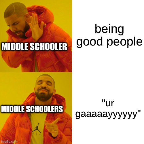 I know what I am just let me be it | being good people; MIDDLE SCHOOLER; "ur gaaaaayyyyyy"; MIDDLE SCHOOLERS | image tagged in memes,drake hotline bling | made w/ Imgflip meme maker