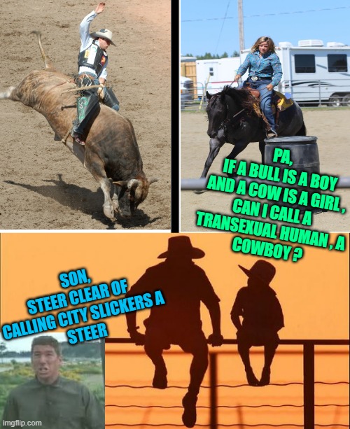 PA,
IF A BULL IS A BOY
AND A COW IS A GIRL ,
CAN I CALL A 
TRANSEXUAL HUMAN , A
COWBOY ? SON,
STEER CLEAR OF 
CALLING CITY SLICKERS A
STEER | image tagged in split,cowboy father and son | made w/ Imgflip meme maker