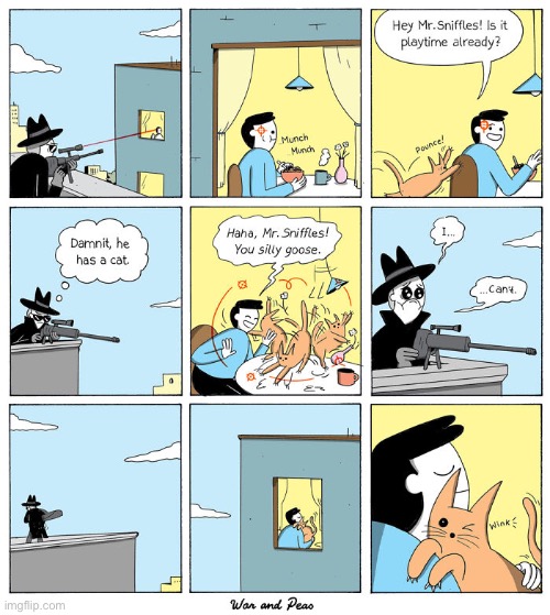War and Peas | image tagged in comics,war and peas,sniper,victim,cat,saved | made w/ Imgflip meme maker