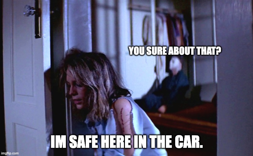 Michael Myers Covid | YOU SURE ABOUT THAT? IM SAFE HERE IN THE CAR. | image tagged in michael myers covid | made w/ Imgflip meme maker