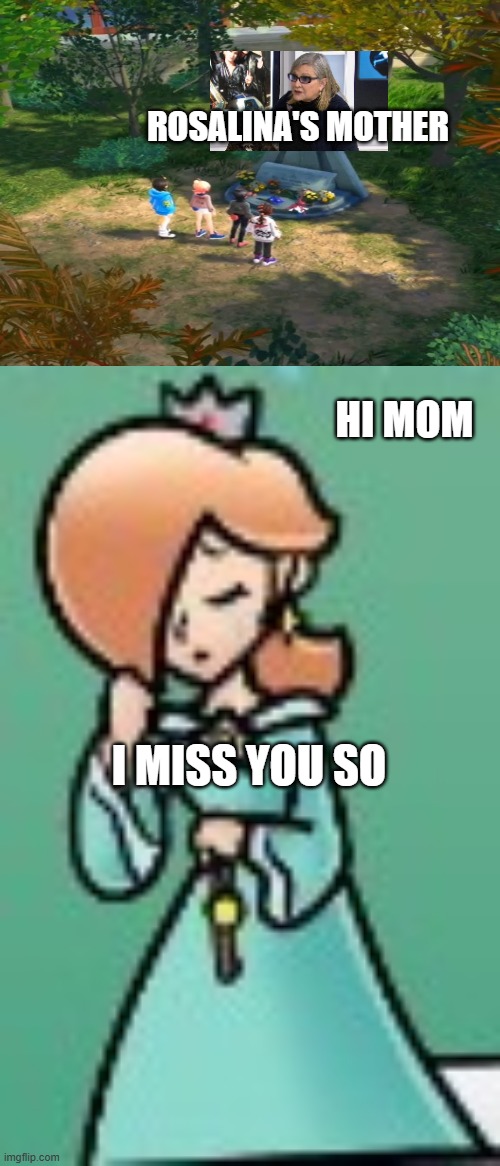 princess rosalina visits her mother | ROSALINA'S MOTHER; HI MOM; I MISS YOU SO | image tagged in sad princess rosalina,super mario bros,mother,pokemon memes,gravestone,rest in peace | made w/ Imgflip meme maker