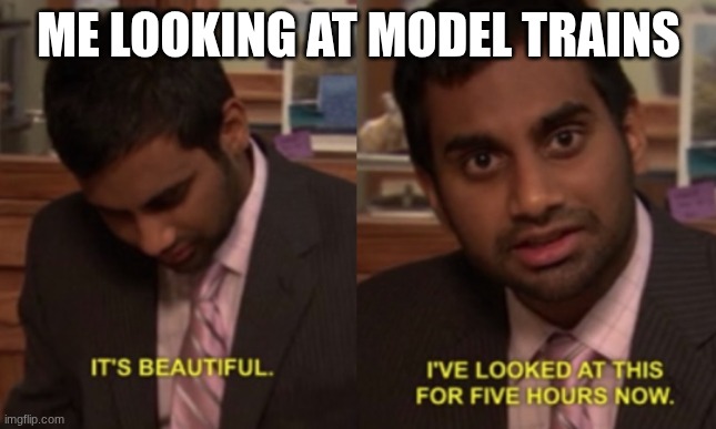 I've looked at this for 5 hours now | ME LOOKING AT MODEL TRAINS | image tagged in i've looked at this for 5 hours now | made w/ Imgflip meme maker