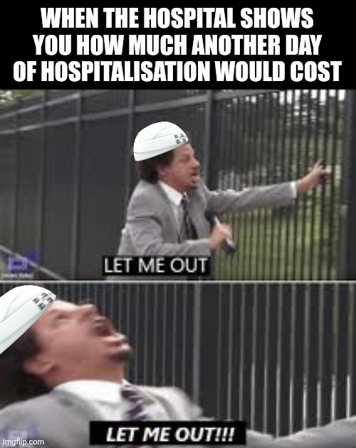 let me out | WHEN THE HOSPITAL SHOWS YOU HOW MUCH ANOTHER DAY OF HOSPITALISATION WOULD COST | image tagged in let me out | made w/ Imgflip meme maker