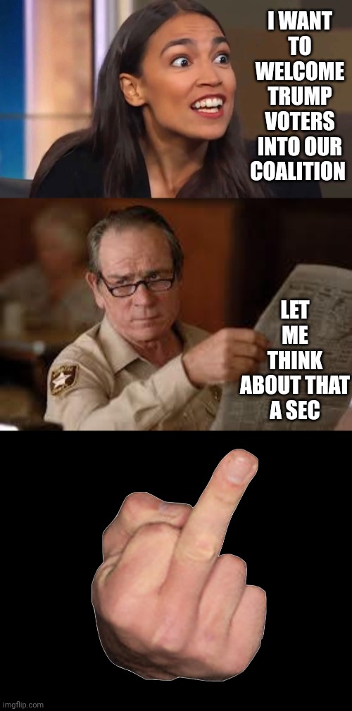 I WANT TO WELCOME TRUMP VOTERS INTO OUR COALITION; LET ME THINK ABOUT THAT A SEC | image tagged in aoc can you believe it,no country for old men tommy lee jones | made w/ Imgflip meme maker