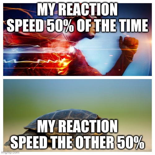 Fast vs. Slow | MY REACTION SPEED 50% OF THE TIME; MY REACTION SPEED THE OTHER 50% | image tagged in fast vs slow | made w/ Imgflip meme maker