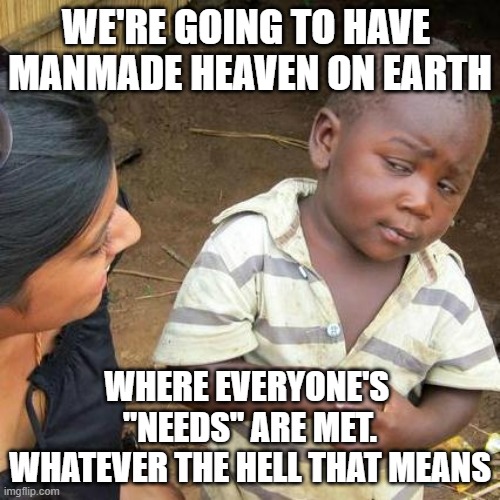 SOCIALISM as a saving of democracy | WE'RE GOING TO HAVE 
MANMADE HEAVEN ON EARTH; WHERE EVERYONE'S 
"NEEDS" ARE MET.
WHATEVER THE HELL THAT MEANS | image tagged in third world skeptical kid,socialism,democratic socialism,communism socialism,groceries | made w/ Imgflip meme maker