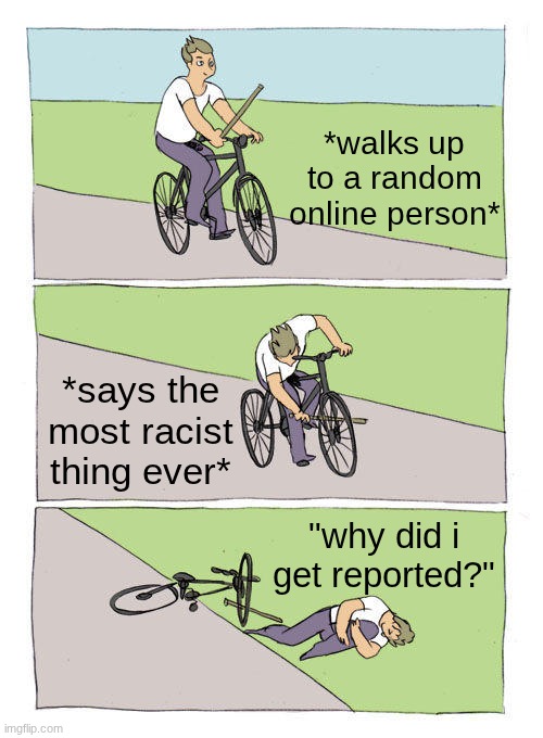 online little kids be like: | *walks up to a random online person*; *says the most racist thing ever*; "why did i get reported?" | image tagged in memes,bike fall,timmy | made w/ Imgflip meme maker