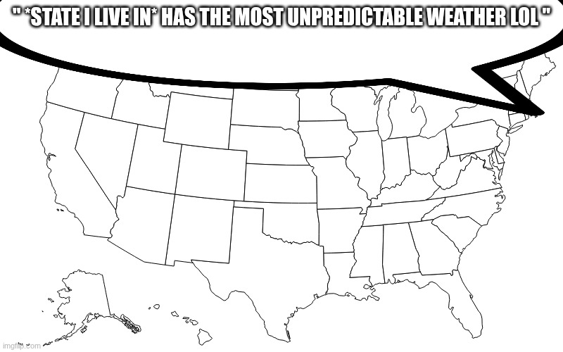 we all have goofy ahh weather. weather isn't defined by state lines. | " *STATE I LIVE IN* HAS THE MOST UNPREDICTABLE WEATHER LOL " | image tagged in map of usa,weather,usa | made w/ Imgflip meme maker