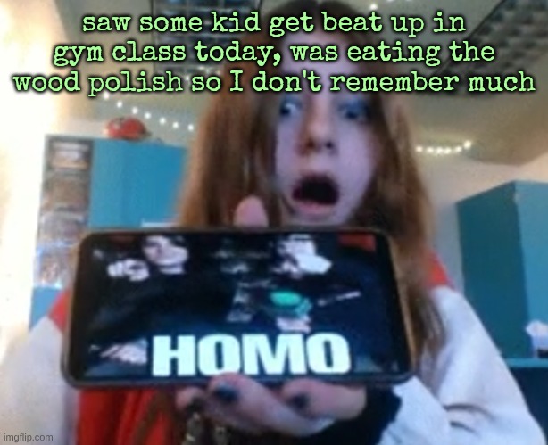 Diamond Homo | saw some kid get beat up in gym class today, was eating the wood polish so I don't remember much | image tagged in diamond homo | made w/ Imgflip meme maker