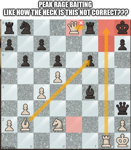 chess.com puzzles making me go crazy | PEAK RAGE BAITING
 LIKE HOW THE HECK IS THIS NOT CORRECT??? | image tagged in meme,memes,chess,puzzles,dumb game | made w/ Imgflip meme maker