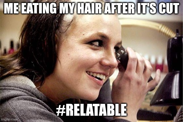POV: The Click | ME EATING MY HAIR AFTER IT'S CUT; #RELATABLE | image tagged in britney spears shaved head,bare bottom spanking | made w/ Imgflip meme maker