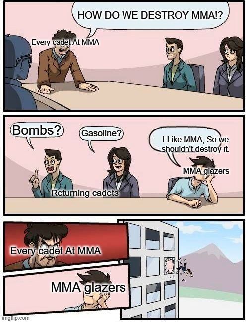 This is My opinion | HOW DO WE DESTROY MMA!? Every cadet At MMA; Bombs? Gasoline? I Like MMA, So we shouldn't destroy it. MMA glazers; Returning cadets; Every cadet At MMA; MMA glazers | image tagged in memes,boardroom meeting suggestion | made w/ Imgflip meme maker