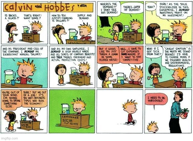 Calvin the businessman… | image tagged in calvin and hobbes,lemonade stand,high prices,small business owner,outrageous,susie derkins | made w/ Imgflip meme maker