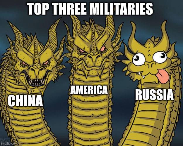 Three-headed Dragon | TOP THREE MILITARIES; AMERICA; RUSSIA; CHINA | image tagged in three-headed dragon | made w/ Imgflip meme maker