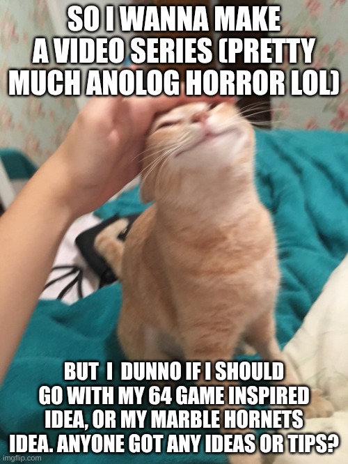 lol I probably won't even make it to filming lol but eh | SO I WANNA MAKE A VIDEO SERIES (PRETTY MUCH ANOLOG HORROR LOL); BUT  I  DUNNO IF I SHOULD GO WITH MY 64 GAME INSPIRED IDEA, OR MY MARBLE HORNETS IDEA. ANYONE GOT ANY IDEAS OR TIPS? | image tagged in cat pat | made w/ Imgflip meme maker