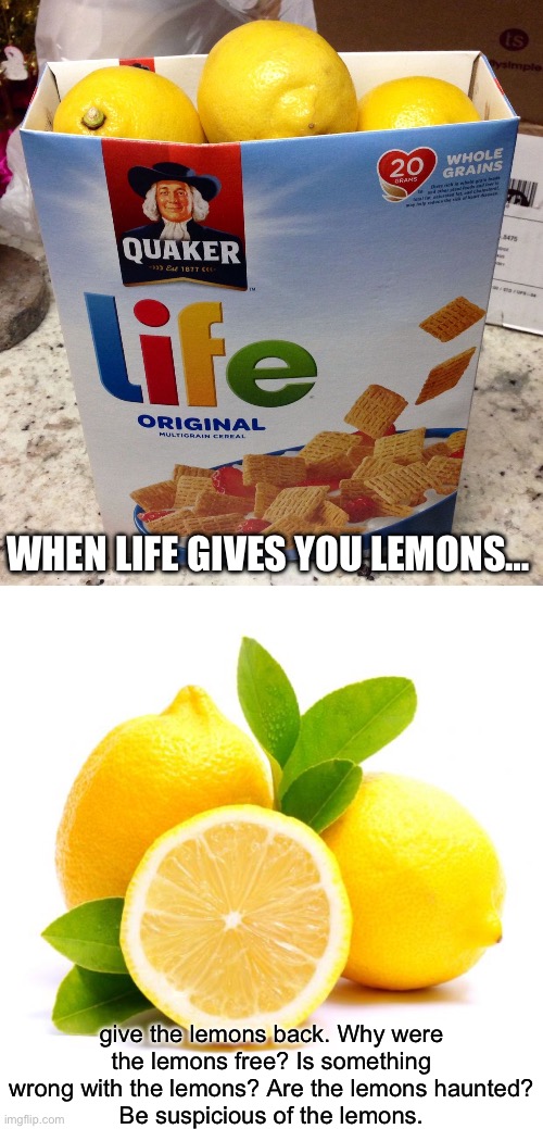 When life gives you lemons | WHEN LIFE GIVES YOU LEMONS…; give the lemons back. Why were the lemons free? Is something wrong with the lemons? Are the lemons haunted?
Be suspicious of the lemons. | image tagged in when life gives you lemons,suspicious,lemons,return | made w/ Imgflip meme maker
