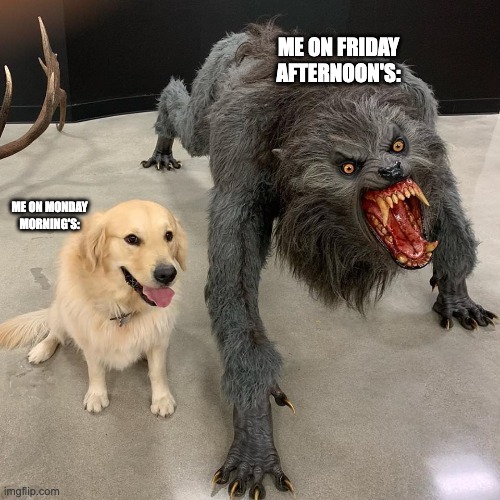 Good dog scary dog | ME ON FRIDAY AFTERNOON'S:; ME ON MONDAY MORNING'S: | image tagged in good dog scary dog | made w/ Imgflip meme maker