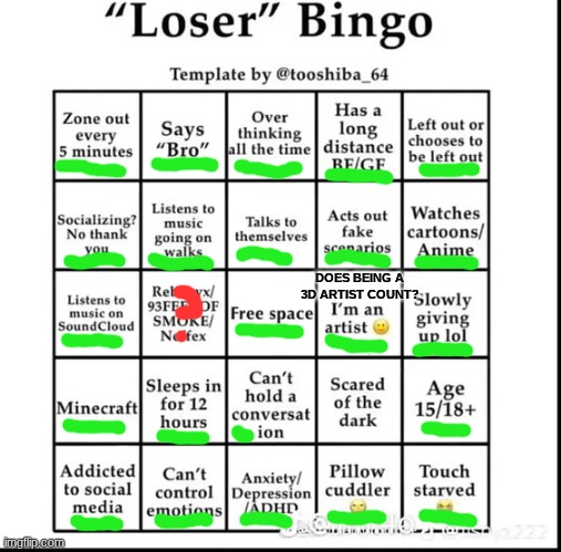 loser bingo | DOES BEING A 3D ARTIST COUNT? | image tagged in loser bingo | made w/ Imgflip meme maker
