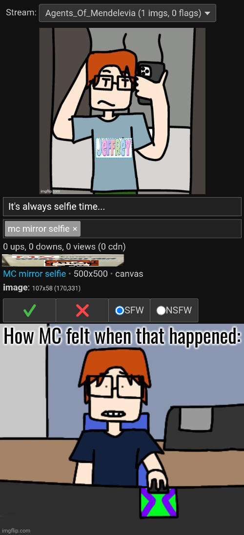 Not again... (Creator has disapproved that post) | How MC felt when that happened: | image tagged in mc shocked while looking at the computer,mc,moscovio may,comics,incident | made w/ Imgflip meme maker