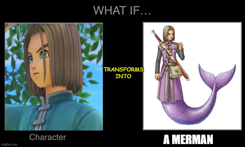 what if hero from dragon quest 11 transforms into a merman ? | TRANSFORMS INTO; A MERMAN | image tagged in what if character transforms into become hmm,video games,dragon quest,what if,merman,hero | made w/ Imgflip meme maker