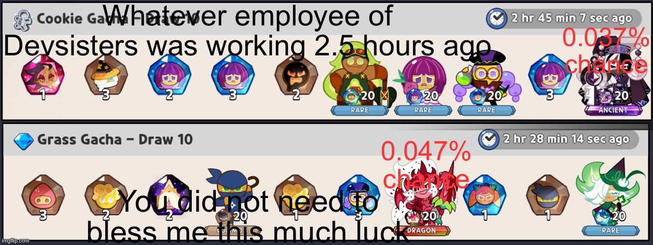 I have no words… | Whatever employee of Devsisters was working 2.5 hours ago; 0.037% chance; 0.047% chance; You did not need to bless me this much luck | made w/ Imgflip meme maker