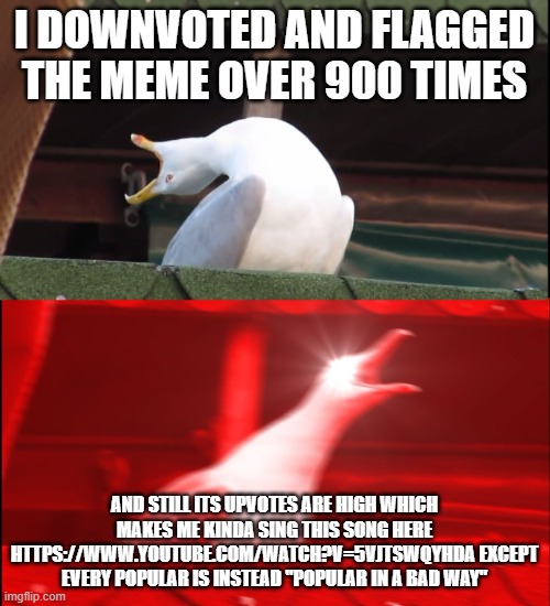 Screaming bird | I DOWNVOTED AND FLAGGED THE MEME OVER 900 TIMES AND STILL ITS UPVOTES ARE HIGH WHICH MAKES ME KINDA SING THIS SONG HERE HTTPS://WWW.YOUTUBE. | image tagged in screaming bird | made w/ Imgflip meme maker