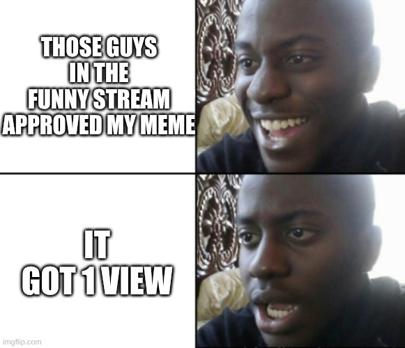 Oh yay, the Funny guys- awwww how dare you let this happen | THOSE GUYS IN THE FUNNY STREAM APPROVED MY MEME; IT GOT 1 VIEW | image tagged in happy / shock,funny,funny stream,views | made w/ Imgflip meme maker