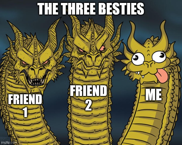 the three besties powers | THE THREE BESTIES; FRIEND 2; ME; FRIEND 1 | image tagged in three-headed dragon,friends | made w/ Imgflip meme maker