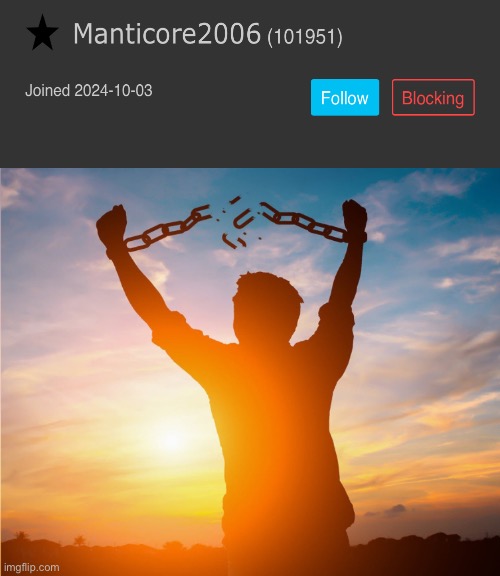 . | image tagged in man breaking free from chains over the sunset | made w/ Imgflip meme maker