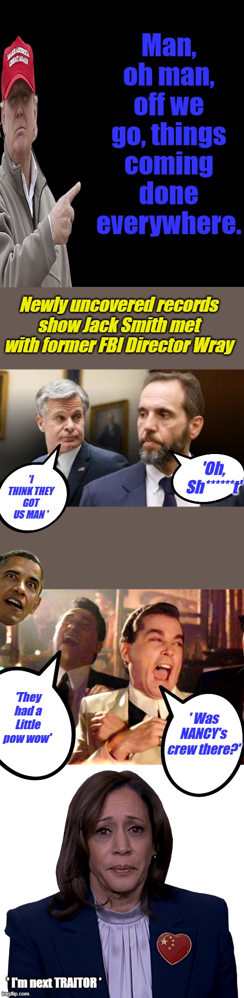 Man, oh man, off we go, things coming done everywhere. Newly uncovered records show Jack Smith met with former FBI Director Wray; 'Oh, Sh******t'; 'I THINK THEY GOT US MAN '; 'They had a Little pow wow'; ' Was NANCY's crew there?'; ' I'm next TRAITOR ' | image tagged in kamala sadly mopes | made w/ Imgflip meme maker