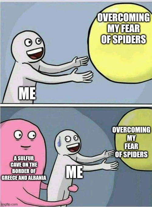 Held back | OVERCOMING MY FEAR OF SPIDERS; ME; OVERCOMING MY FEAR OF SPIDERS; A SULFUR CAVE ON THE BORDER OF GREECE AND ALBANIA; ME | image tagged in held back | made w/ Imgflip meme maker