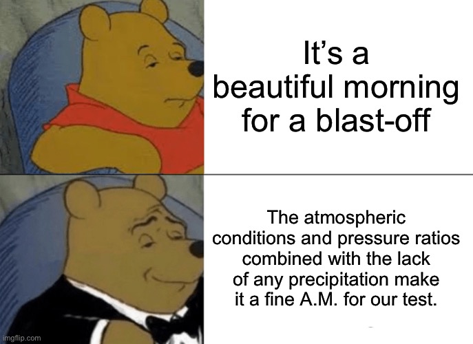Only Talking Friends fans get this meme | It’s a beautiful morning for a blast-off; The atmospheric conditions and pressure ratios combined with the lack of any precipitation make it a fine A.M. for our test. | image tagged in memes,tuxedo winnie the pooh,talkingtom,talkingfriends | made w/ Imgflip meme maker