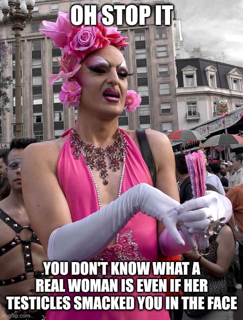 tranny | OH STOP IT YOU DON'T KNOW WHAT A REAL WOMAN IS EVEN IF HER TESTICLES SMACKED YOU IN THE FACE | image tagged in tranny | made w/ Imgflip meme maker