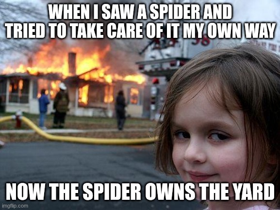 Disaster Girl Meme | WHEN I SAW A SPIDER AND TRIED TO TAKE CARE OF IT MY OWN WAY; NOW THE SPIDER OWNS THE YARD | image tagged in memes,disaster girl | made w/ Imgflip meme maker