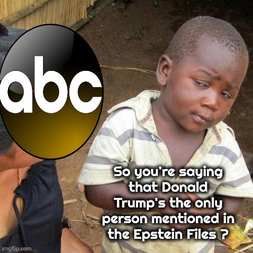 The Gospel according to Jeffrey Epstein | So you're saying that Donald Trump's the only person mentioned in the Epstein Files ? | image tagged in memes,third world skeptical kid,trump derangement syndrome,epstein had it,tds is mostly jealousy | made w/ Imgflip meme maker